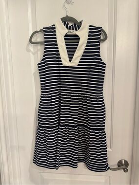 Eliza J. Striped Navy & White Sleeveless Dress with V-Neck